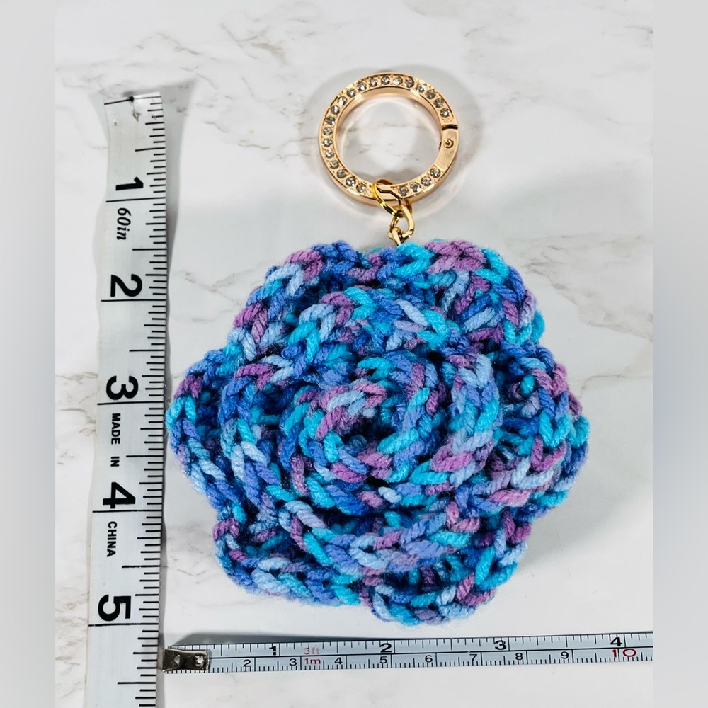 Purple Ombre Crochet Flower Bag Charm Keychain W/Rhinestone Bling Clip Ring - Picture 4 of 5